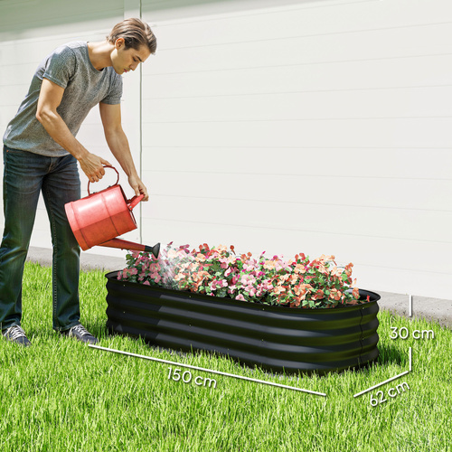 Outsunny Galvanised Raised Garden Bed, Metal Planter Box with Safety Edging, for Flowers, Herbs, Succulents, Black