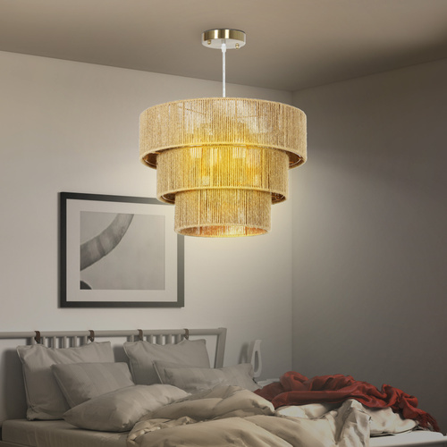 HOMCOM Hemp Rope Ceiling Light, 3-Layer Boho Pendant Light, 4 x E14 Vintage Ceiling Lamp Fixtures for Living Room, Bedroom, Kitchen, Hallway, Light Brown