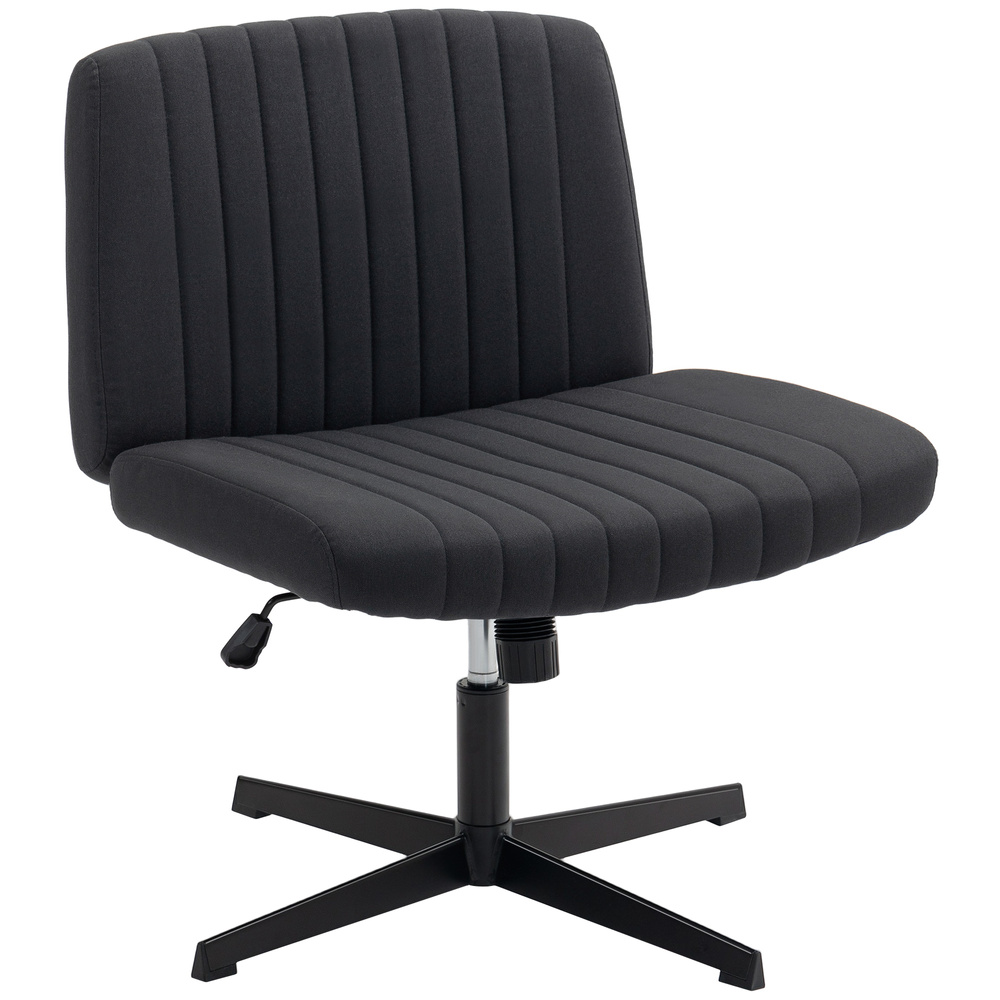 HOMCOM Armless Office Chair No Wheels, Linen Fabric Criss Cross Legged Desk Chair with Wide Seat, Thick Padding, Tilt Function, Height Adjustable Swivel Computer Seat for Home, Black