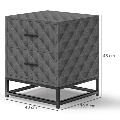 HOMCOM Bedside Tables Set of 2, Modern Bedside Table Nightstand with 2 Drawers, Bedside Cabinet Sofa Side Table with Storage, Steel Legs for Bedroom, Living Room, Grey