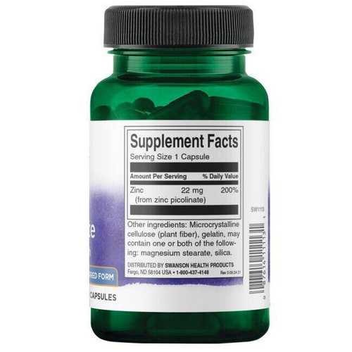 Swanson Zinc Picolinate Cynk Wsparcie Prawidłowych Funkcji Organizmu 22mg 60 Kapsułek