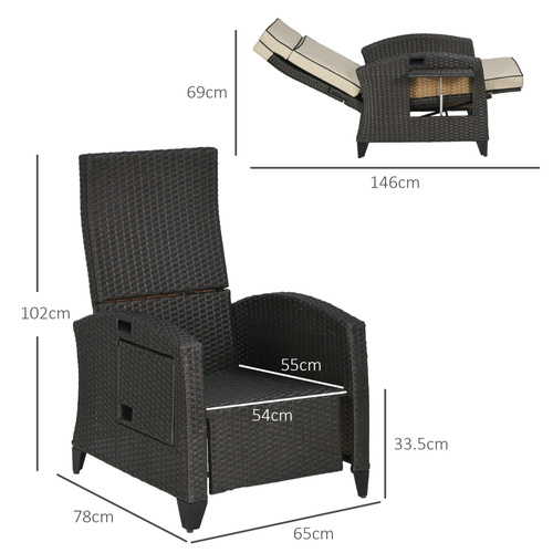 Outsunny Outdoor Recliner Chair with Adjustable Backrest and Footrest, Cushion, Side Tray, Khaki/Brown