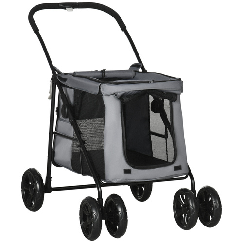 PawHut Dog Pram Dog Stroller 4 Wheels Pet Pushchair with Rolling Door, Cushion, Safety Leashes, for Small and Medium Breeds, Grey