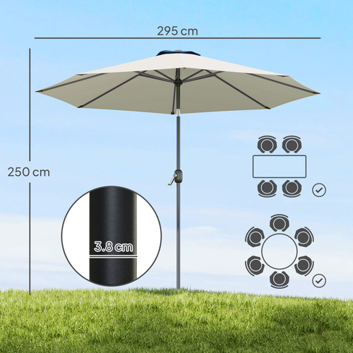 Outsunny 3(m) Tilting Parasol Garden Umbrellas, Outdoor Sun Shade with 8 Ribs, Tilt and Crank Handle for Balcony, Bench, Garden, Light Grey