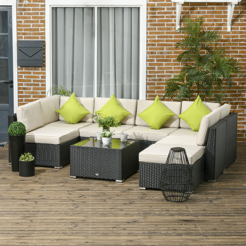 Outsunny 8 Pieces PE Rattan Corner Sofa Set, Outdoor Garden Furniture Set, Patio Wicker Sofa Seater w/ Cushion, Washable Cushion Cover & Tempered Glass Table, Khaki