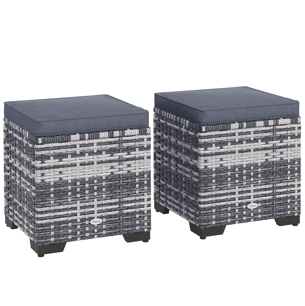 Outsunny Set of 2 Rattan Storage Ottoman, Outdoor Footstool with Removable Cushions, Garden Storage Seat for Balcony, Porch, Living Room, Dark Grey