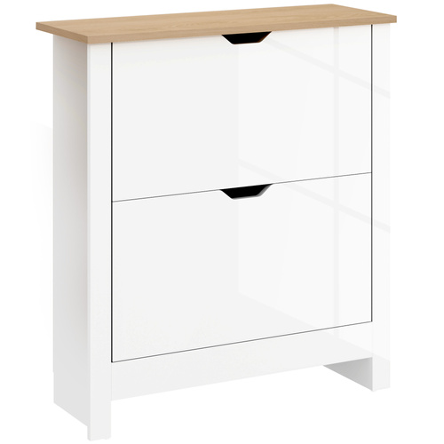 HOMCOM Slim Shoe Cabinet, Narrow Shoe Cupboard with 2 Flip Drawers, Adjustable Shelves for 12 Pairs of Shoes, High Gloss White
