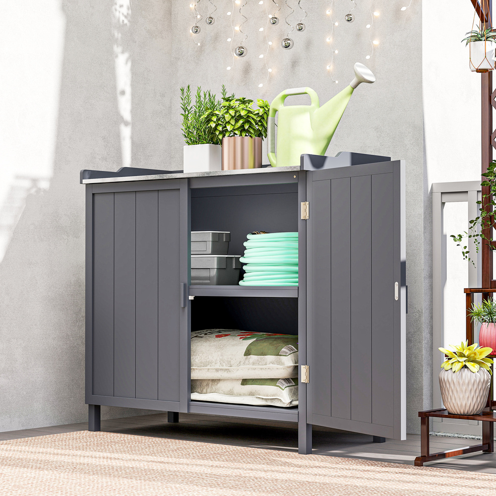 Outsunny Wood Garden Storage Cabinet, Outdoor Tool Shed, Potting Bench Table with Galvanized Top and Two Shelves for Yard Tools or Pool Accessories, Grey