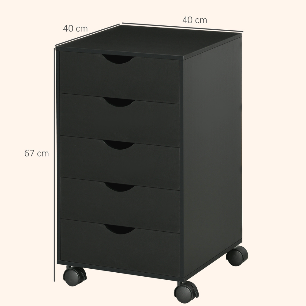 HOMCOM 5 Drawer Mobile Filing Cabinet, Vertical File Cabinet, Modern Rolling Office Storage Organizer Cupboard, Black