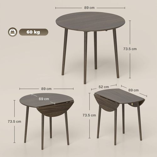 HOMCOM Folding Dining Table for 4, Round Drop Leaf Table, Modern Space Saving Small Kitchen Table with Wood Legs for Dining Room, Grey