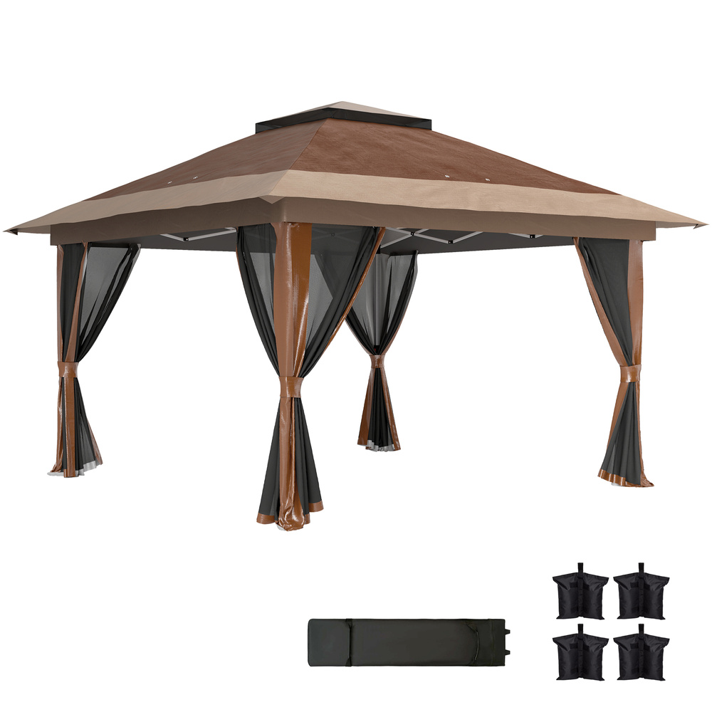 Outsunny 3.6 x 3.6m Pop-Up Gazebo, with Accessories - Brown