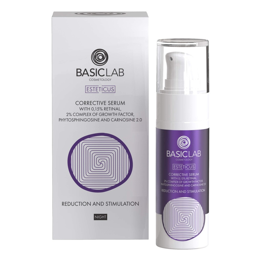 BasicLab Correcting Serum with Retinal 0.15% Growth Factor Complex 2% Phytosphingosine and Carnosine 2.0 Reduction and Stimulation for Problematic Skin Night 30ml