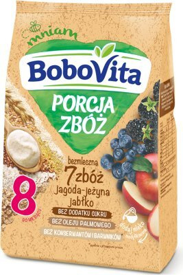 BoboVita Porcja Zbóż Kaszka Bezmleczna Jagoda Jeżyna Jabłko dla Niemowląt po 8 Miesiącu Życia 170g