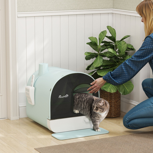 PawHut Hooded Cat Litter Box, Kitten Litter Tray, with Lid, Scoop, Filter, Flap Door