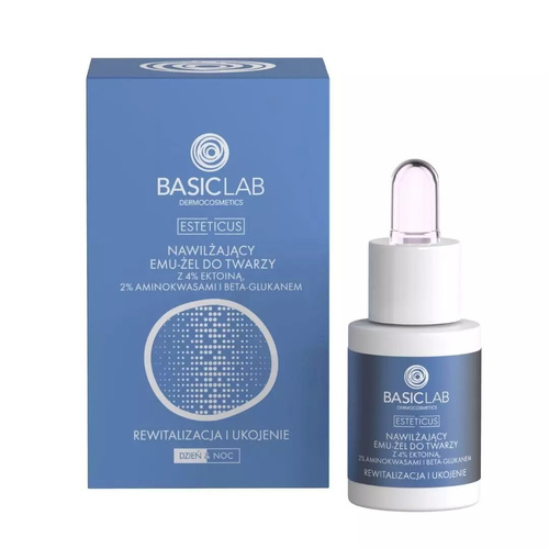 BasicLab Dermocosmetics Nawilżający Emu-Żel do Twarzy z 4% Ektoiną 2% Aminokwasami i Beta-Glukanem Rewitalizacja i Ukojenie na Dzień i na Noc 15ml Best Before 31.08.26