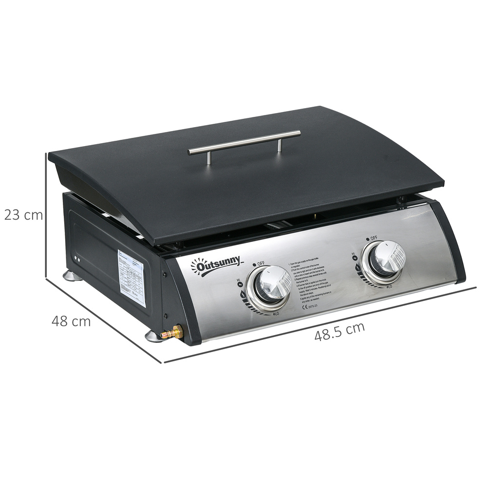 Outsunny Portable Tabletop Gas Plancha Grill w/ 2 Stainless Steel Burner, 5kW, Non-Stick Griddle for BBQ Camping Picnic Party