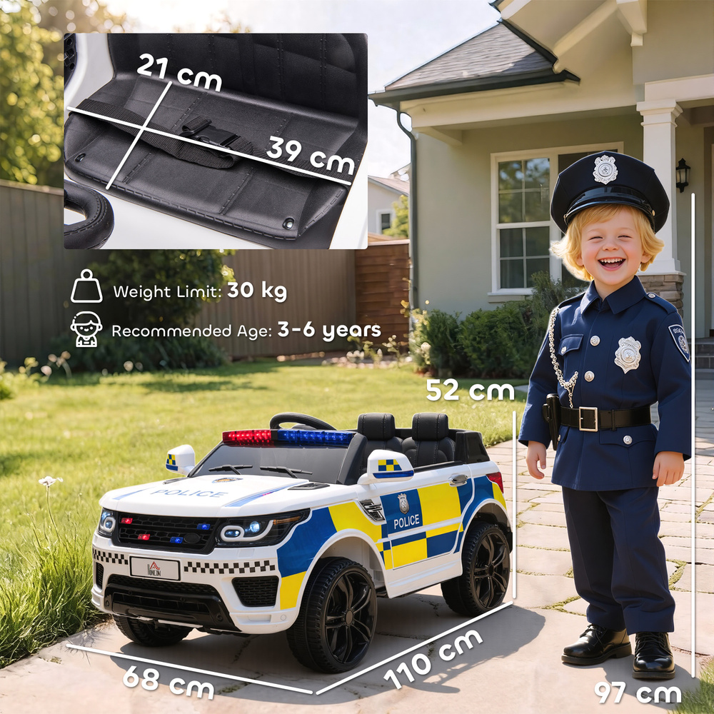 HOMCOM 12V Electric Car for Kids, Ride on Police Car with 2 Motors, Remote Control, Siren Flashing Lights, Suspension, USB, Auxiliary Wheels, Pull handle, for 3-6 Years, White
