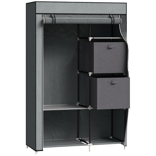 HOMCOM Fabric Wardrobe, Portable Wardrobe, Clothes Storage Unit with 5 Compartments, Hanging Rail and 2 Fabric Drawers, 102 x 42.5 x 162.5cm, Dark Grey