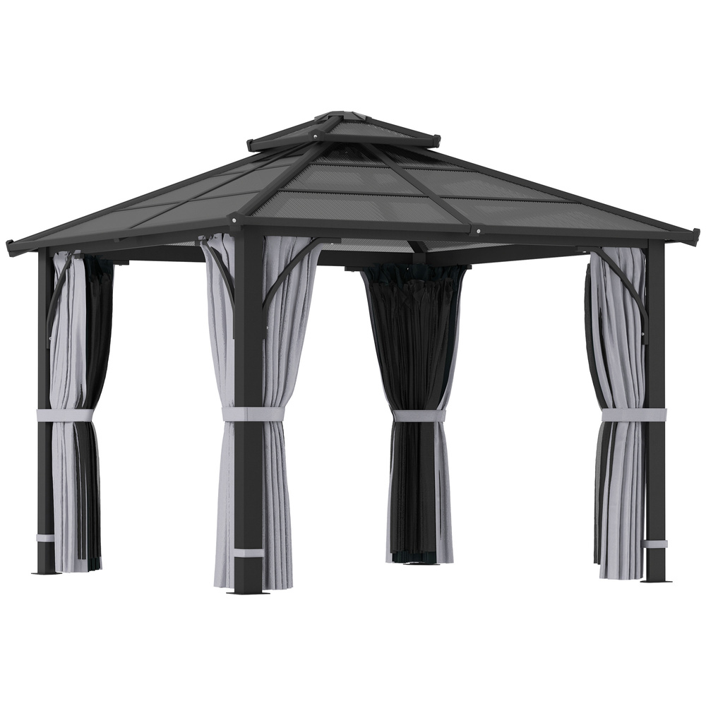 Outsunny 3 x 3(m) Hardtop Gazebo Canopy with 7mm Polycarbonate Double-Tier Roof, Garden Gazebo Permanent Pavilion with Mosquito Netting and Curtains for Patio, Deck, Dark Grey