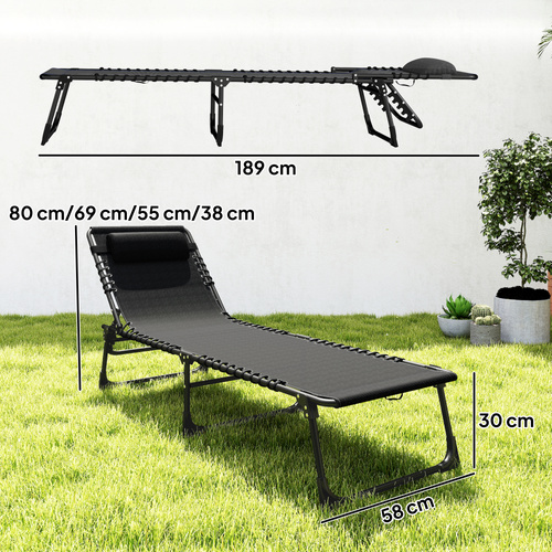 Outsunny Foldable Sun Lounger, Outdoor 4 Level Adjustable Backrest Reclining Chaise Chair, Steel Frame Recliner Chair for Camping, Hiking, Black