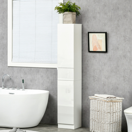 kleankin Luxury Tall Bathroom Cabinet with High Gloss Panel, Sleek White Bathroom Cabinet with Push-to-Open Door, White