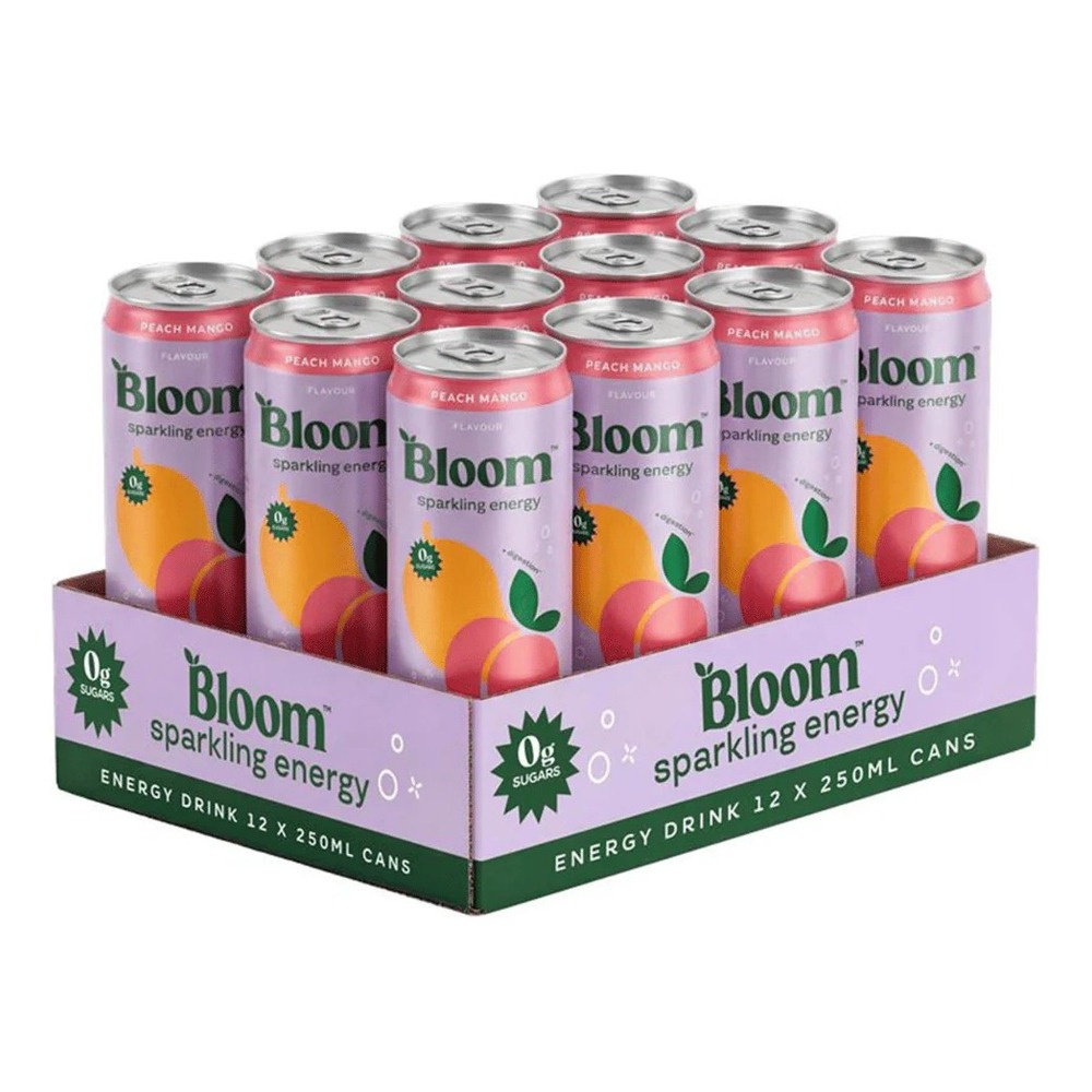 Bloom Sparkling Energy Drink, Peach Mango 12 x 250ml.