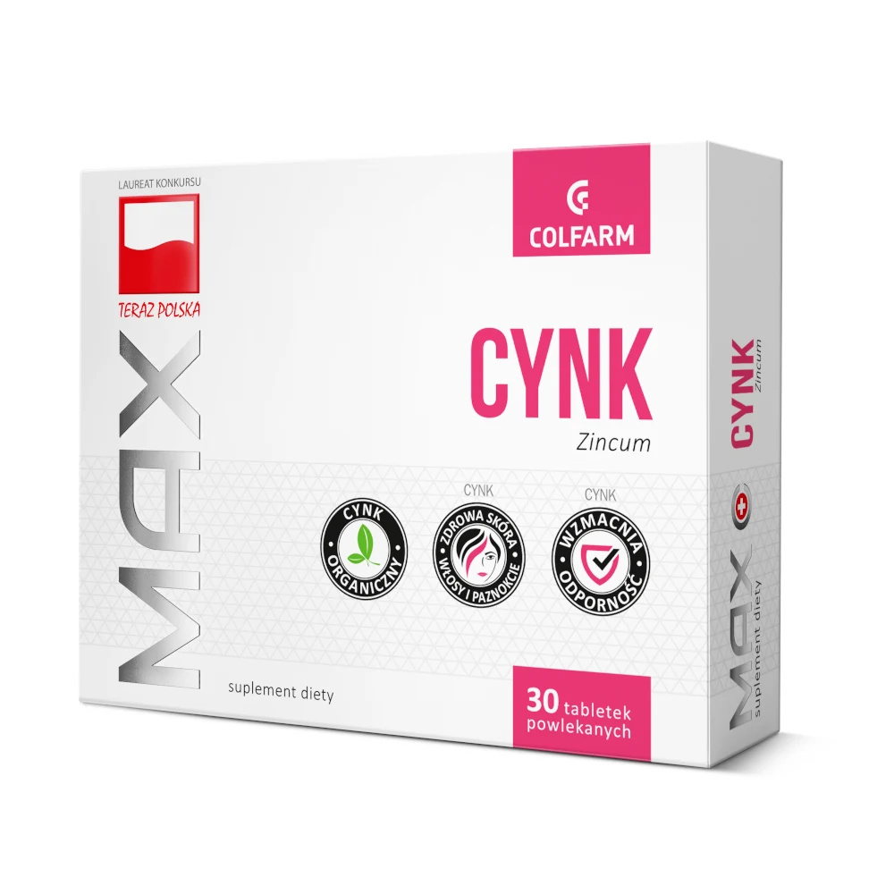 Colfarm Cynk Max dla Prawidłowego Stanu Skóry Paznokci i Włosów 10mg 30 Tabletek