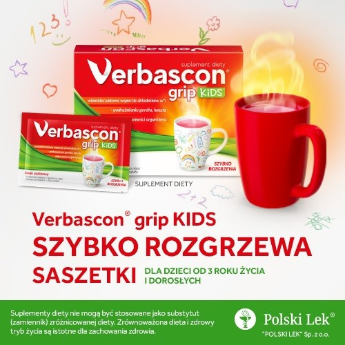 Verbascon Grip Kids na Podrażnienia Gardła i Kaszlu i Wsparcie Odporności Organizmu 10 Saszetek