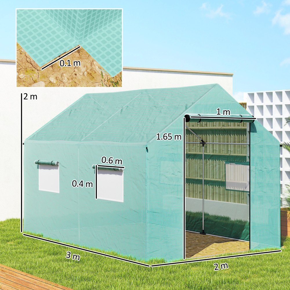 Outsunny Polyethylene Walk-in Polytunnel Greenhouse, 2 x 3(m), Green