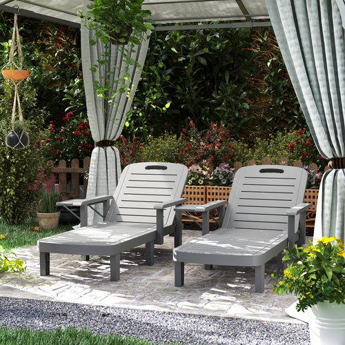 Outsunny Set of 2 Resin Reclining Sun Loungers for Garden, 5 Positions Adjustable Outdoor Chaise Lounge Chairs with Wood Texture Surface, Armrests, Foldable Side Table for Garden, Beach, Dark Grey