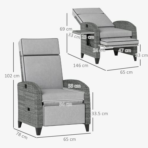 Outsunny Outdoor Recliner Chair with Adjustable Backrest and Footrest, Cushion, Side Tray, Light Grey/Grey