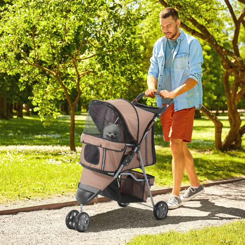PawHut 3 Wheel Pet Stroller for Small and Miniature Dogs, Brown
