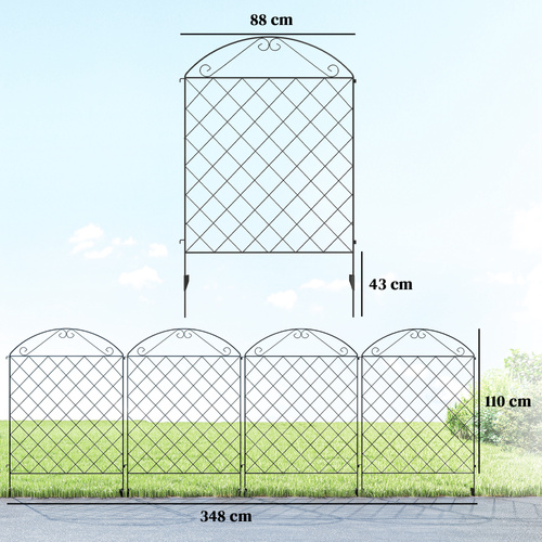 Outsunny Decorative Garden Fencing, 43in x 11.5ft Outdoor Picket Fence Panels, 4PCs Rustproof Metal Wire Landscape Flower Bed Border Edging, Black
