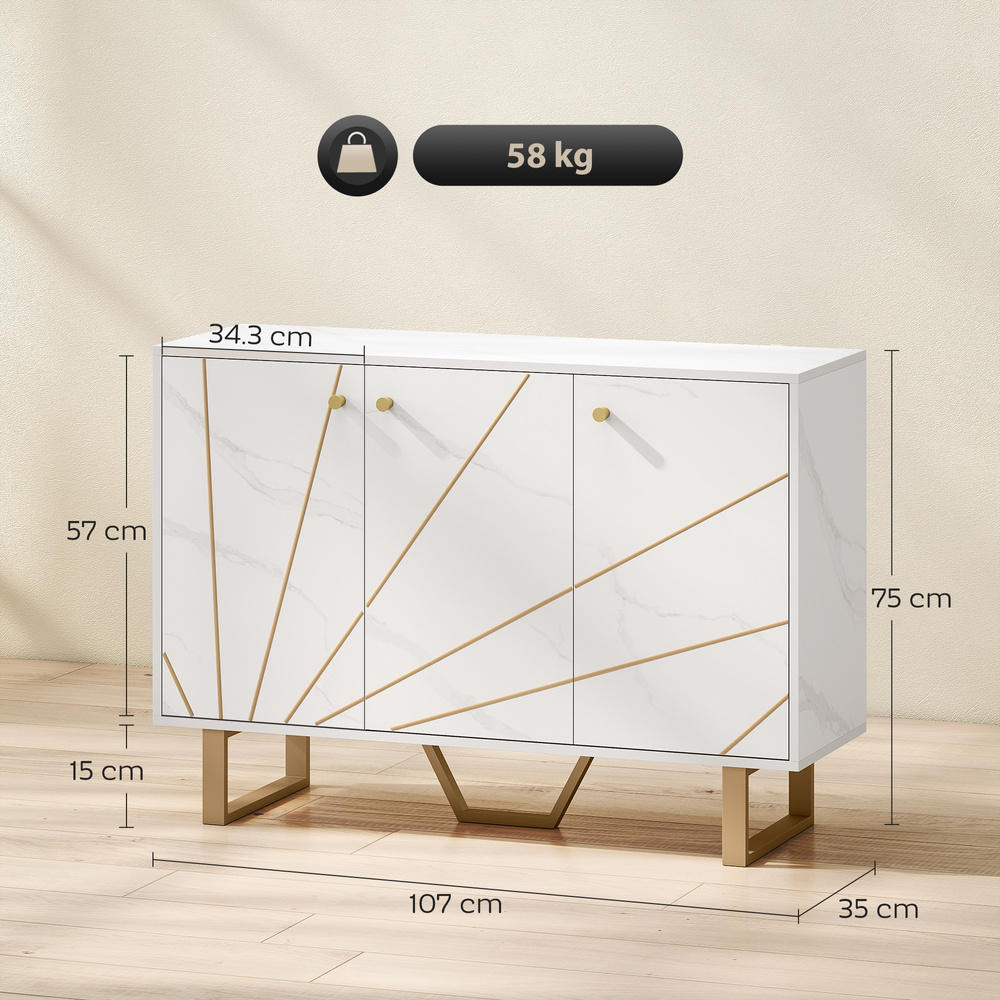 HOMCOM Sideboard Storage Cabinet, Modern Storage Cupboard with Adjustable Shelves and Metal Legs for Living Room, Kitchen, Dining Room, Entryway, White Marble Tone