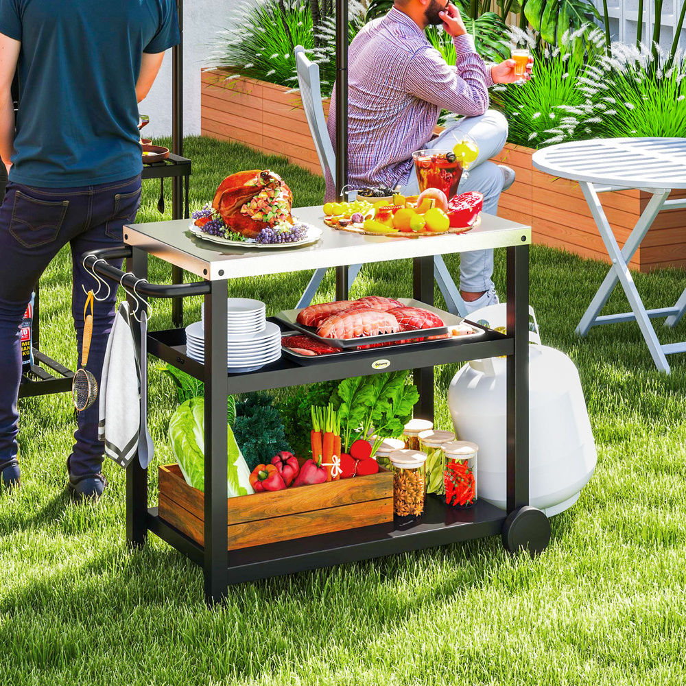 Outsunny Outdoor Grill Dining Cart 3-Shelf Movable Pizza Oven Table Stand with Stainless Steel Top, Portable BBQ Trolley Food Prep Outdoor Kitchen Barbecue Station with Hooks Wheels, Charcoal Grey