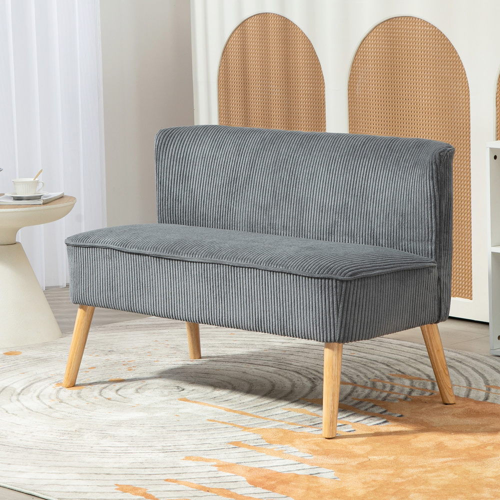 HOMCOM Modern Corduroy Double Seat Sofa w/ Wood Frame Foam Padding Soft Comfortable Compact Couch Grey