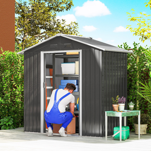 Outsunny 6.5x3.5ft Metal Garden Storage Shed for Outdoor Tool Storage with Double Sliding Doors and 4 Vents, Dark Grey