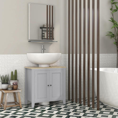 kleankin Under Sink Cabinet, Bathroom Sink Cabinet with 2 Doors, Pedestal Under Sink Design, Freestanding Bathroom Cupboard with Adjustable Shelf, Grey