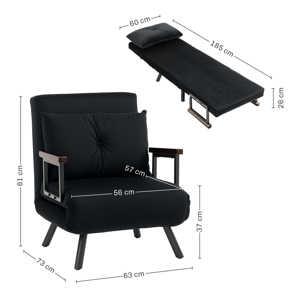 HOMCOM 4-in-1 Velvet-Feel Single Chair Bed, with Pillow - Black