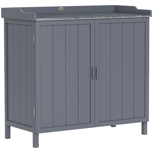 Outsunny Wood Garden Storage Cabinet, Outdoor Tool Shed, Potting Bench Table with Galvanized Top and Two Shelves for Yard Tools or Pool Accessories, Grey