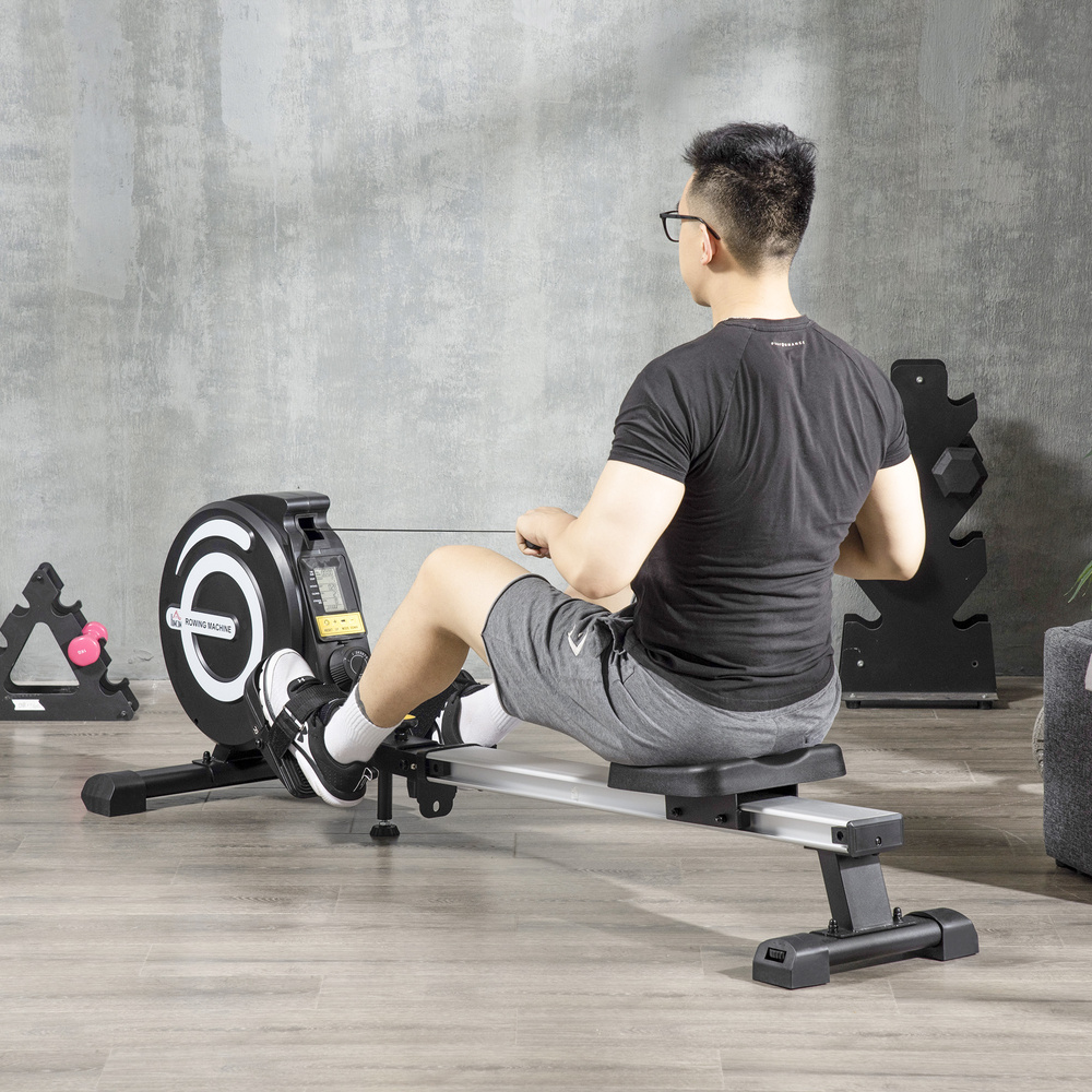 HOMCOM Folding Rowing Machine, Magnetic Rower Machine with 8 Levels Quiet Resistance, LCD Monitor, Wheels, Aluminium Slide Rail, Vertical Storage, 102kg Weight Capacity for Home Gym Cardio Training
