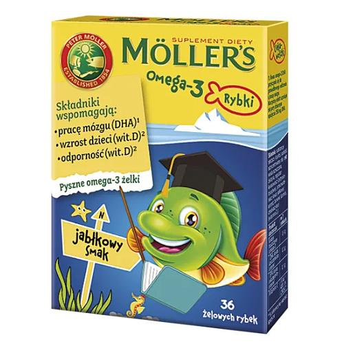 Mollers Omega - 3 Rybki Żelki Smak Jabłkowy dla Dzieci powyżej 3 Lat i Dorosłych 36 Sztuk