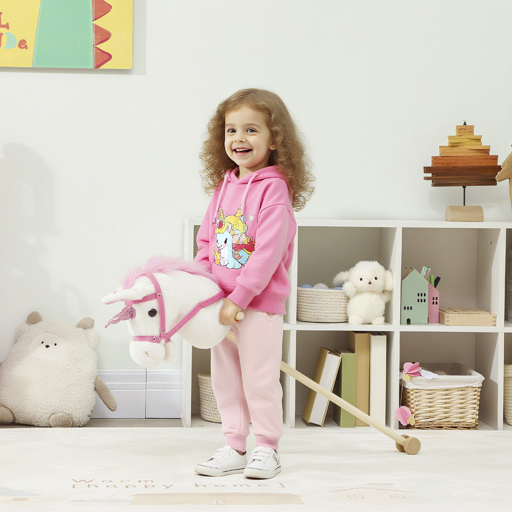 AIYAPLAY Unicorn Stick Horse with Wood Wheels, Real Pony Neighing and Galloping Sounds, Grip Handle, 95 cm, White