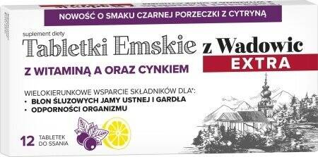 Polski Lek Tabletki Emskie z Wadowice Extra with Vitamin A and Zinc with Blackcurrant Flavor 12 Tablets Best Before 31.08.26