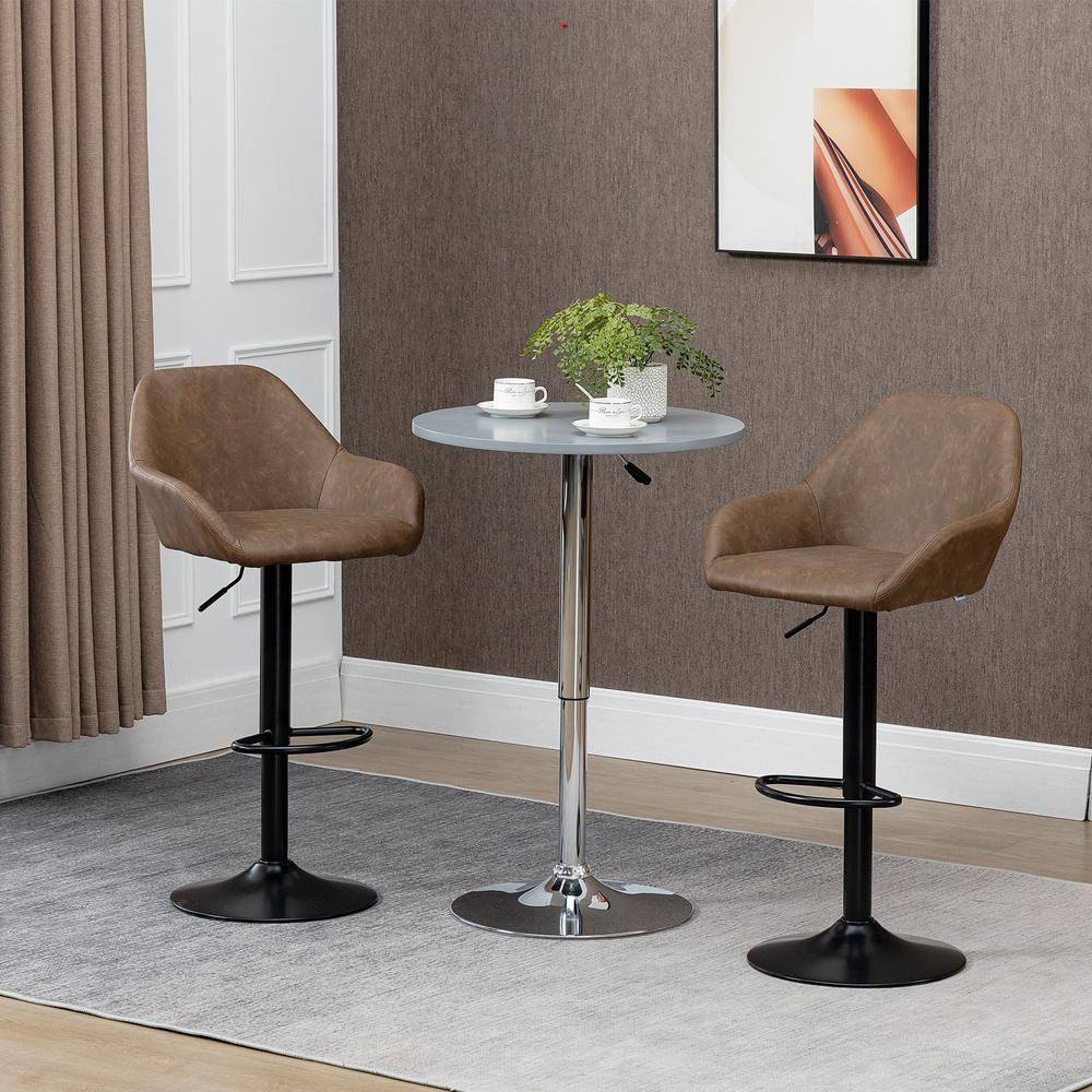HOMCOM Bar Stools Set of 2, Height Adjustable Swivel Barstools, PU Leather Kitchen Stools with Backs, Armrests and Footrest for Home, Counter and Dining Room, Dark Brown