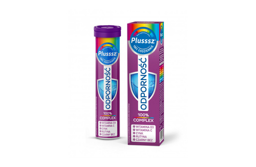 Plusssz Odporność 100% Complex Witamin D C B12 Cynku i Selenu na Odporność Tabletki Musujące o Smaku Malina Czarny Bez 20 Sztuk Best Before 27.09.26