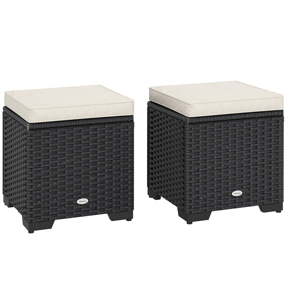 Outsunny Set of 2 Rattan Storage Ottoman, Outdoor Footstool with Removable Cushions, Garden Storage Seat for Balcony, Porch, Living Room, Cream
