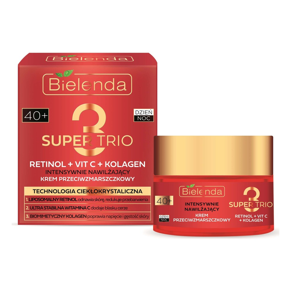 Bielenda Super Trio 3 Retinol Vit.C Kolagen Intensywnie Nawilżający Krem Przeciwzmarszczkowy 40+ na Dzień i na Noc 50ml