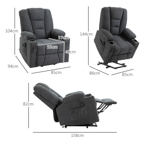 HOMCOM Electric Riser Recliner Armchair, Oversized Chair with Cup Holder & Side Pockets for Elderly in Living Room, Charcoal Grey
