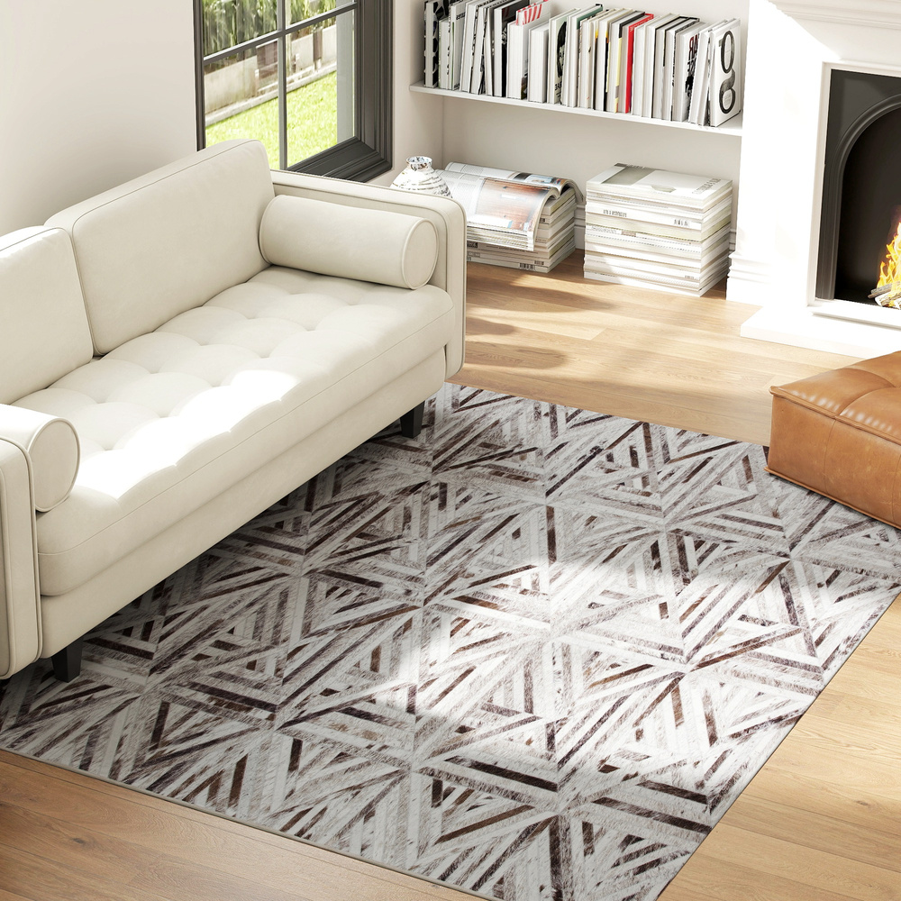 HOMCOM Modern Area Rug, Triangle Pattern Non-Slip Washable Rug, Chenille Floor Carpet for Living Room, Bedroom, Dining Room, Home Office, 230 x 160 cm, Brown